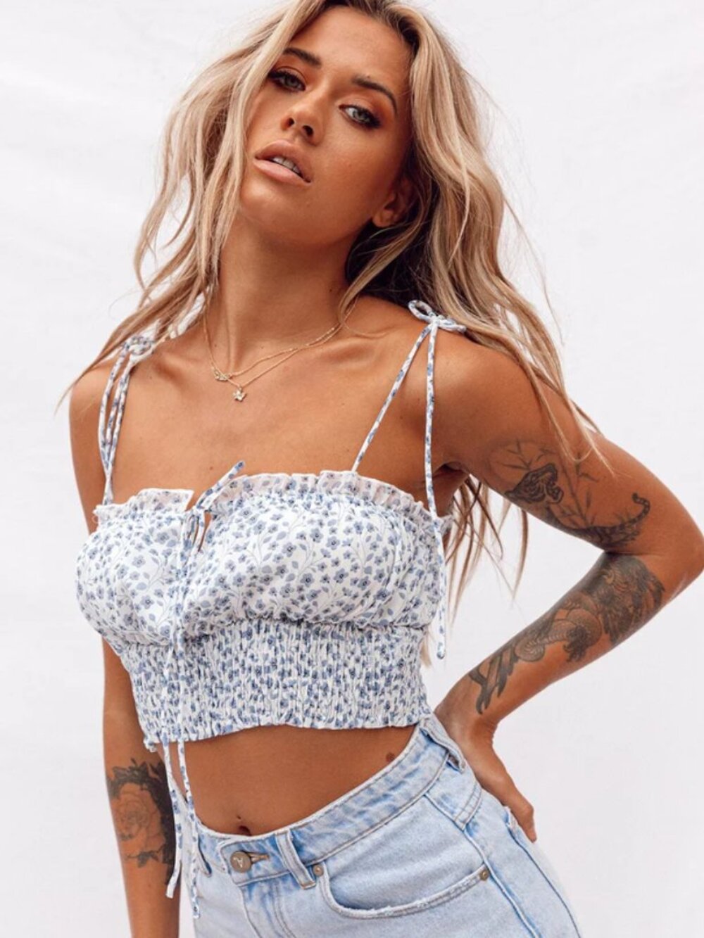 NWT Princess Polly Benita Blue Floral Smocked Crop Top Boho Coquette Size 6